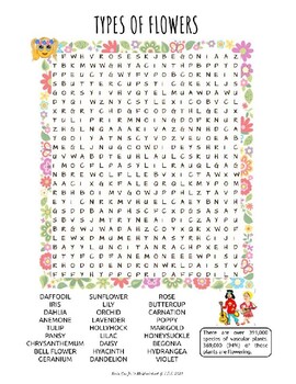 types of flowers activities word search puzzle worksheet by mrworksheet