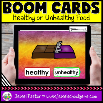 Preview of Types of Food Boom Cards™ | Unhealthy or Healthy Food Science Vocabulary Words