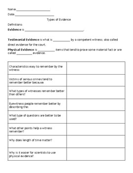 Preview of Types of Forensic Evidence Worksheet