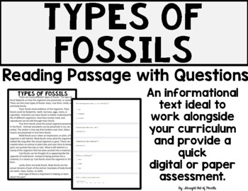 Types of Fossils DIGITAL Reading Passage with Questions and Paper Version