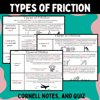 Preview of Types of Friction Cornell Notes and Quiz