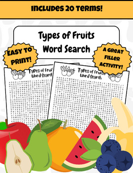 Preview of Types of Fruits Word Search
