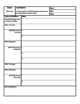 Types of Government Cornell Style Note-Taking Template by MICHELLE BREWER