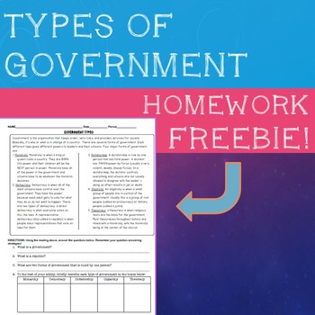 Preview of Types of Government Homework / Subsheet