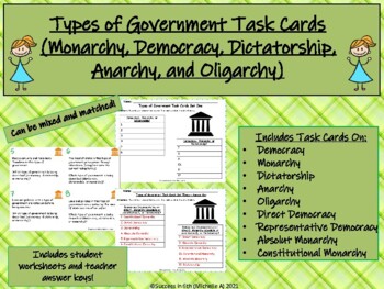 Preview of Types of Government Task Cards (36 Task Cards, Student Worksheets, Answer Keys!)