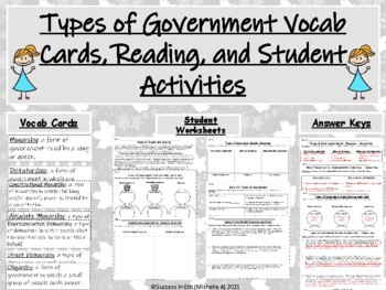 Preview of Types of Government (Vocab Cards, Reading, Student Worksheets, and Answer Keys)