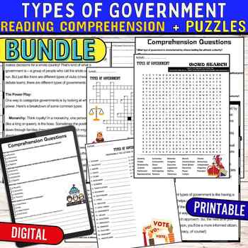 Types of Governments Reading Comprehension Passage,Puzzle,Digital ...