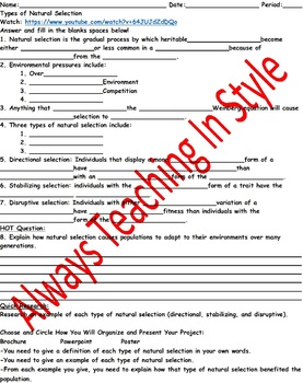 Preview of Types of Natural Selection Video Worksheet (Editable)