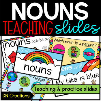 Preview of Types of Nouns Google Slides for Grammar Lesson in 1st and 2nd Grades