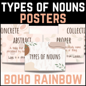 Preview of Types of Nouns Grammar Display Posters Boho Rainbow