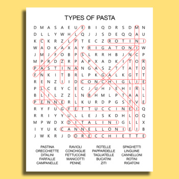 Types of Pasta - Word Search Puzzle Worksheet - Printable by ...