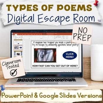 Preview of Types of Poems Digital Escape Room, Poetry Month Trivia Fact Research Activity