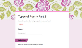 Preview of Types of Poetry Google Form Quiz/Practice (PART 2)
