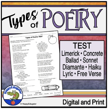 Preview of Types of Poetry Test with Easel Activity and Assessment