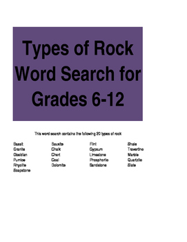 Preview of Types of Rock Word Search for Grades 6-12