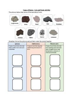 Types of Rocks - Cut and Paste Worksheet Activity (No Prep Printable)