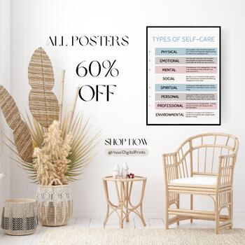 Preview of Types of Self-Care, Therapy Office Decor, Therapy Wall Art, school counselor