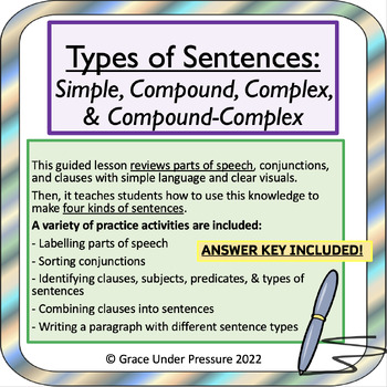 Preview of Types of Sentences: Simple, Compound, Complex: Grammar Worksheets