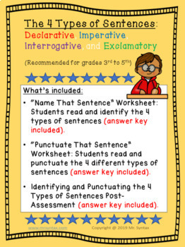 Preview of The Four Types of Sentences Worksheets and Assessment Grades 3 to 5
