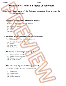 Preview of Types of Sentences and Sentence Structure Worksheet. HS ELA Practice G.Doc (1/2)