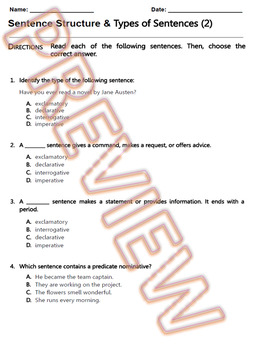 Preview of Types of Sentences and Sentence Structure Worksheet. HS ELA Practice G.Doc (2/2)