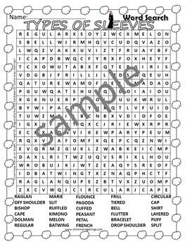 Types of Sleeves for Fashion Design- Word Search and other activity Pack