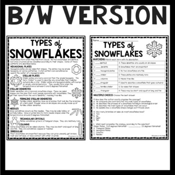 Types of Snowflakes Reading Comprehension Worksheet Winter | TpT