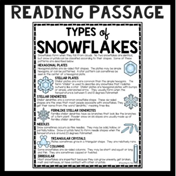 Types of Snowflakes Reading Comprehension Worksheet Winter Snow Weather