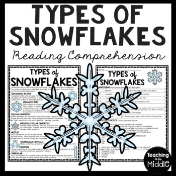 Preview of Types of Snowflakes Reading Comprehension Worksheet Winter Snow Weather