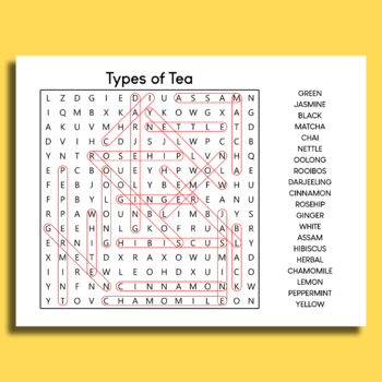 Types of Tea Word Search Puzzle Worksheet Printable by