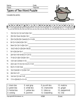 Types of Tea Word Search Worksheet and Vocabulary Puzzles by Lesson Machine