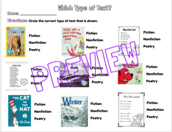Preview of Types of Text Worksheet - Fiction, Nonfiction, or Poetry