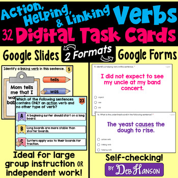 Preview of Types of Verbs Task Cards Using Google Forms or Slides: Helping, Linking, Action