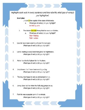 Types Of Verbs Worksheet By Best In The Middle Tpt