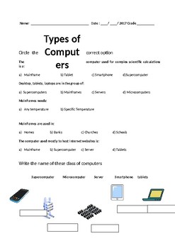 Preview of Types of computers worksheet