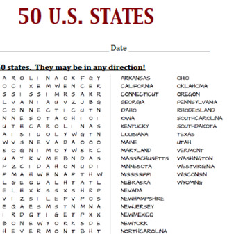U.S. 50 States Word Search by Curtis Sensei | Teachers Pay ...