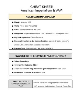Preview of U.S. CHEAT SHEET - AMERICAN IMPERIALISM & WWI (DOC) - QUIZ & REGENTS REVIEW