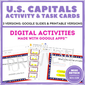 Preview of U.S. Capitals - Google Classroom Activity - Printable Task Cards