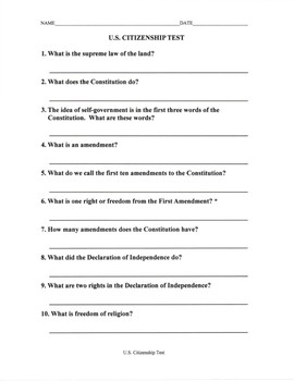 Preview of U.S. Civics Test of 100 Questions- With & Without the Answers