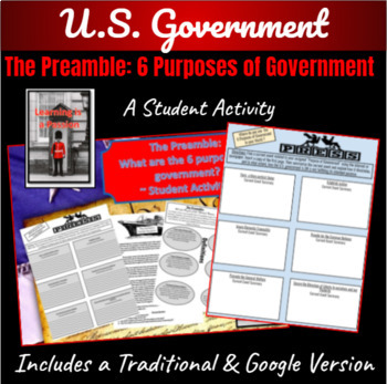 Preview of U.S. Constitution | The Preamble | 6 purposes of Government | Student Activity