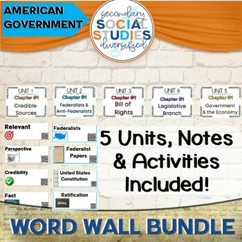Preview of U.S. Gov Year-Long Bundle Word Wall, Vocabulary Activities, Notes Grades 7-12