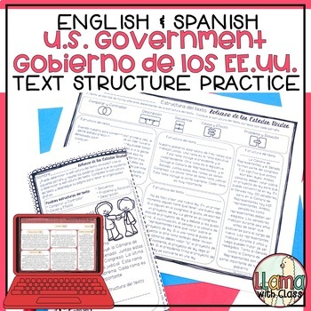 Preview of U.S. Government Reading Worksheets - English & Spanish Text Structure Practice