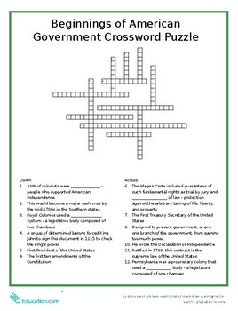 Preview of U.S. History: Beginnings of American Government (1492-1820) Crossword Puzzle