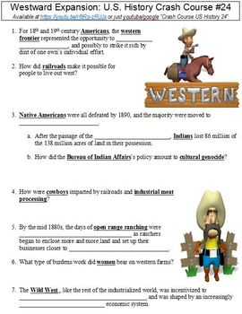 Preview of Crash Course U.S. History #24 (Westward Expansion) worksheet