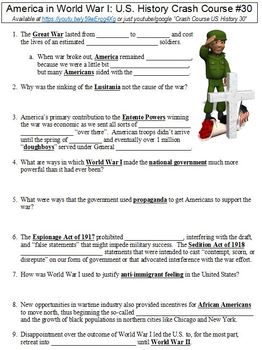 Preview of Crash Course U.S. History #30 (America in World War I) worksheet