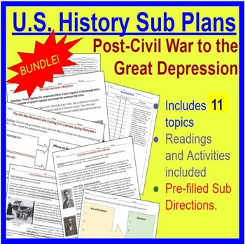 Preview of 11 US History sub plans/activity Bundle: Post Civil War to the Great Depression