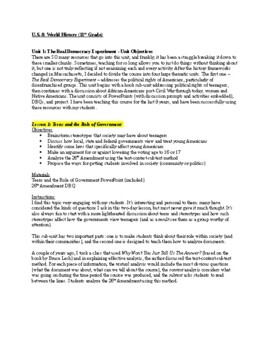 Preview of U.S. History Unit 1: "The Real Democracy Experiment" Unit Overview