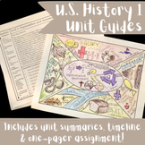 U.S. History Unit guides with summaries and one-pager assignment!