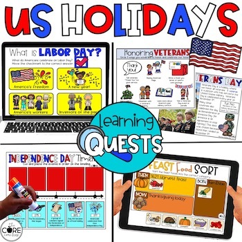 Preview of U.S. Holidays Independent Work - Thanksgiving, July 4th, Veterans, Labor Day