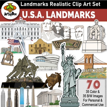 Preview of U.S. Important Landmarks - 70 Realistic Clip Art images - Color & BW Graphics